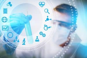 Biotechnology researcher concept or biotech science, close up of male biologist doing experiment.